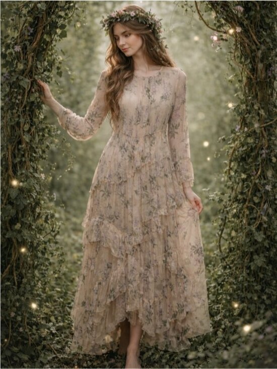 Dresses & Skirts - 100% Silk Ethereal Floral Ruffled Sheer Dress size L
